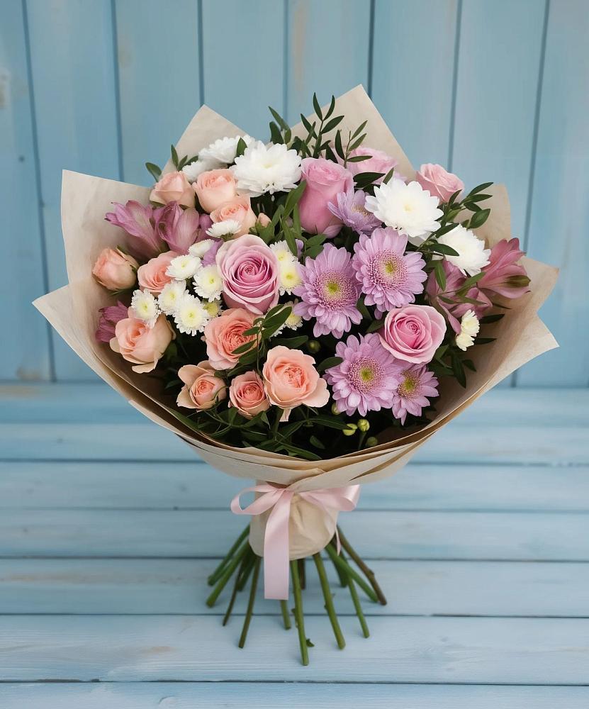 Букет цветов из: Хризантемы, Розы и Альстромерии в Петровке Республика Крым